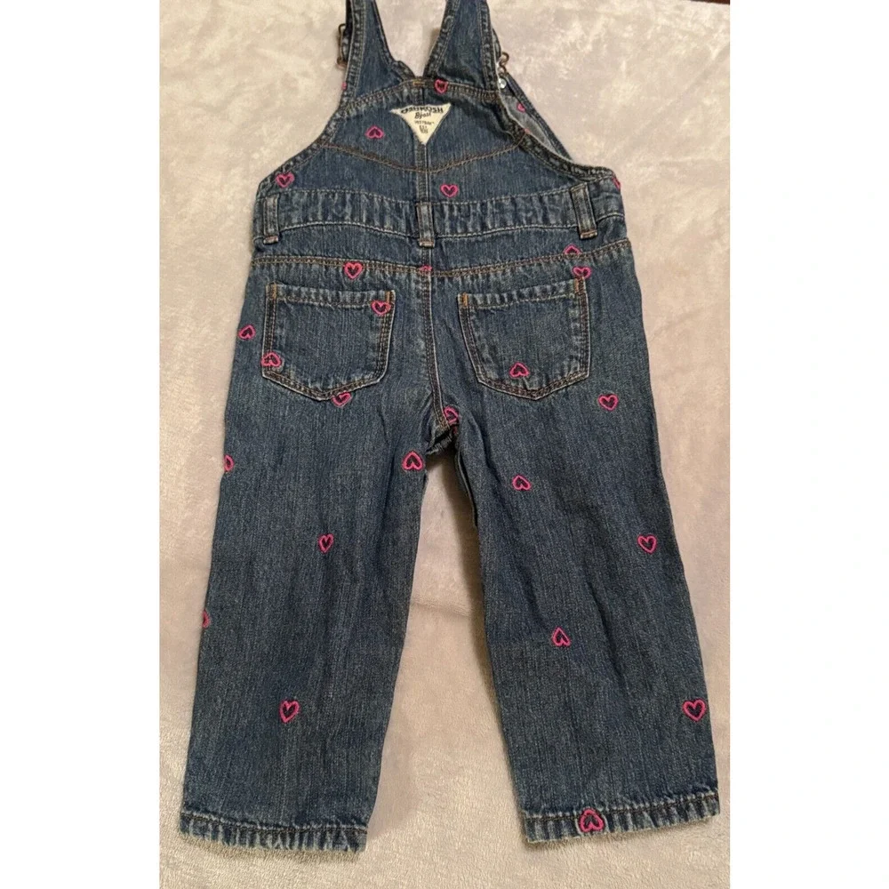 OshKosh B'Gosh Overalls Baby Girls 12 Month‎ Denim Vestbak Pink Heart Blue Denim